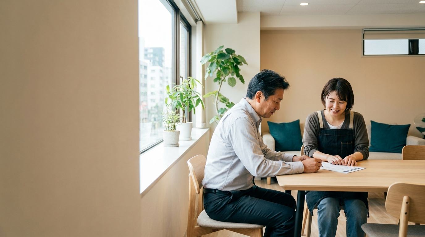 明るい事務所で、税理士と作業着姿の経営者が書類を見ながら話している様子(制作側が生成した画像。実在の人物ではありません)